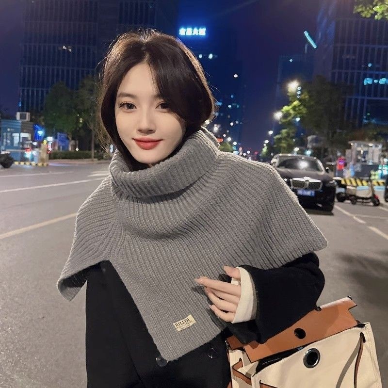 含羊毛韩版开叉高领毛线披肩女秋冬外搭针织套头脖套百搭保暖围脖