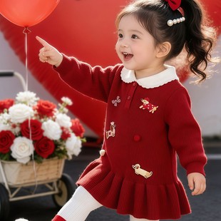 女宝宝红色加绒针织衫毛衣2026秋冬款儿童过年喜庆公主拜年连衣裙