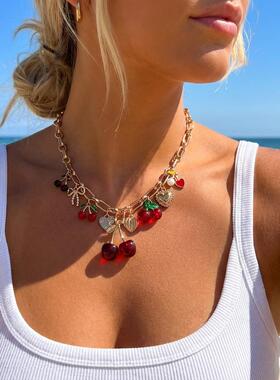 【跨境】ins风重工樱桃爱心多吊坠项链女 Y2K辣妹粗链条颈链