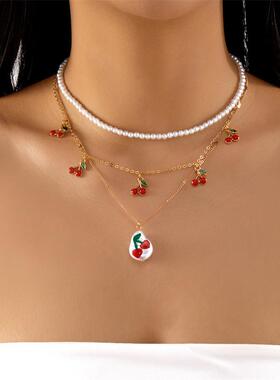 日韩跨境爆款樱桃项链东大门热销樱桃草莓吊坠项链手链女可爱百搭