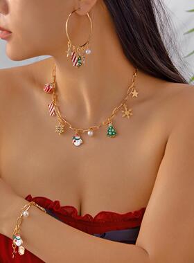 欧美跨境圣诞新款首饰卡通圣诞雪人圣诞树雪花多吊坠项手链耳环女