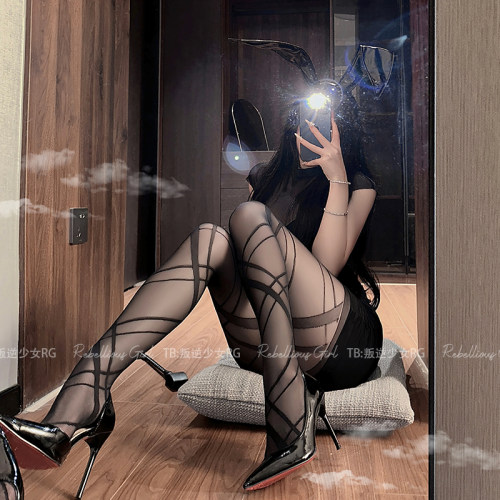 亚比少女の性感不规则条纹交叉绷带y2k暗黑辣妹美腿提花丝袜连裤