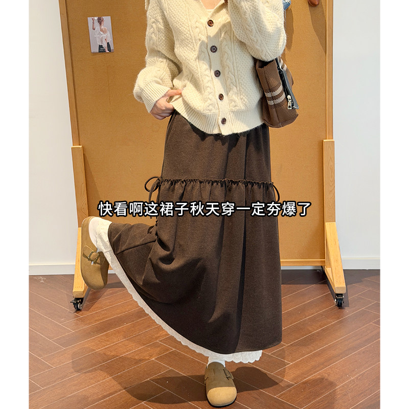 咖色毛呢半身裙女秋冬2026款设计感蕾丝花边a字裙伞裙超美中长裙