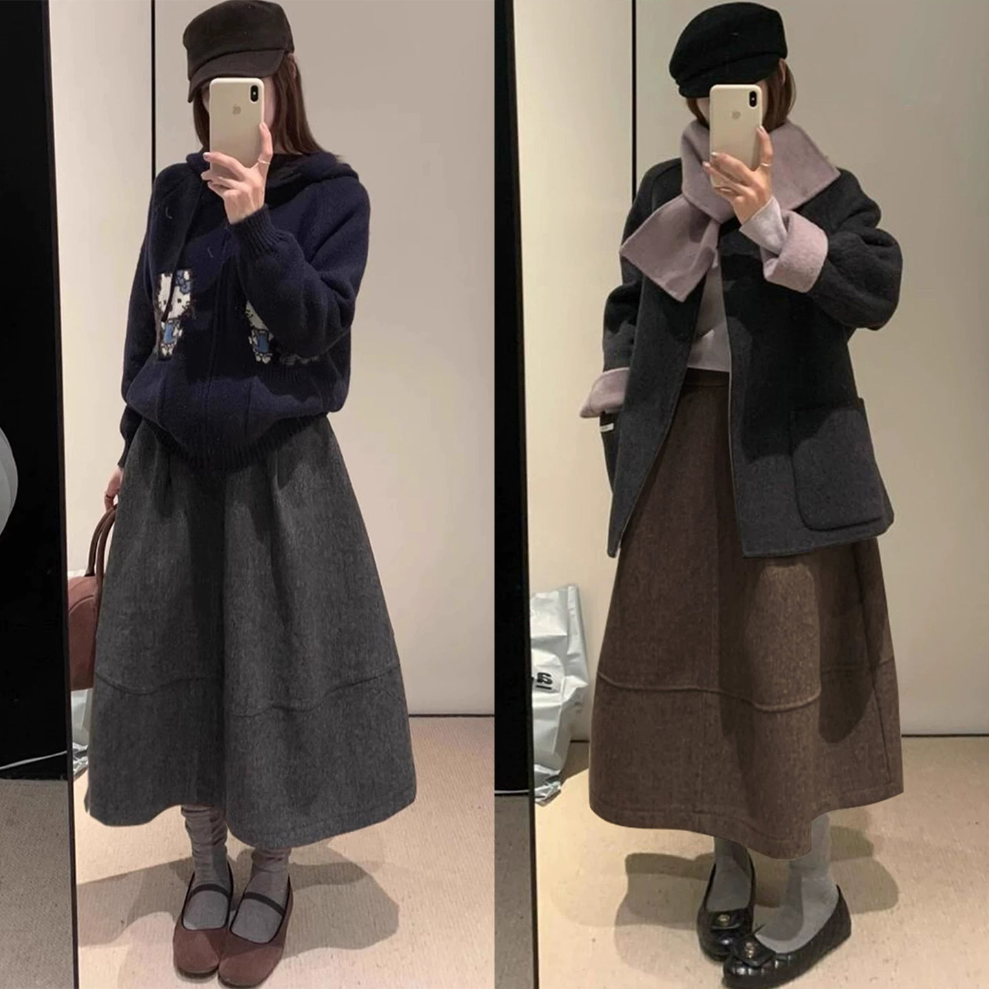 毛呢黑色半身裙短裙女秋冬季2026新款a字伞裙辣妹风五分花苞半裙