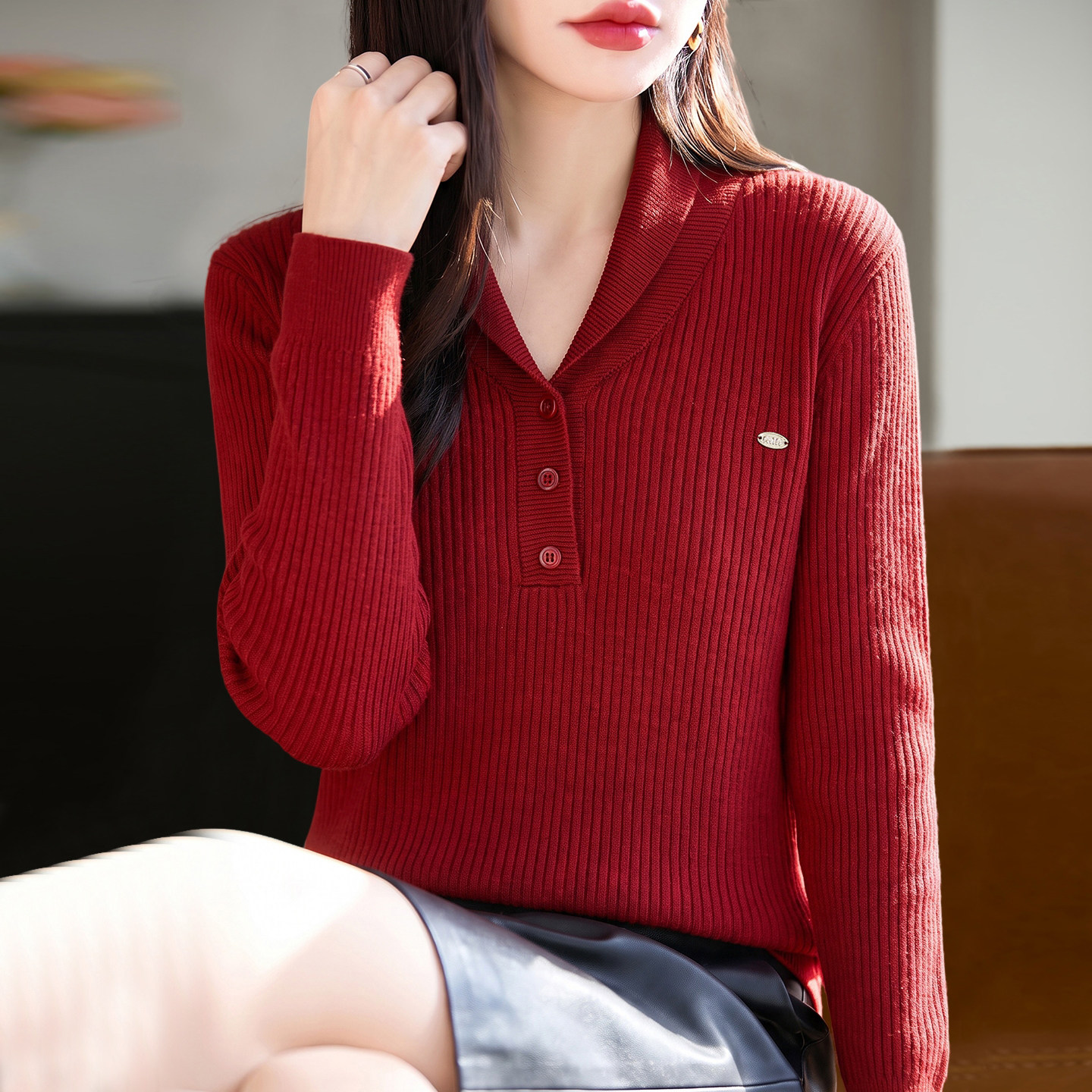2026新款V领纯色红色本命年秋季针织打底衫女中老年女装上衣毛衣