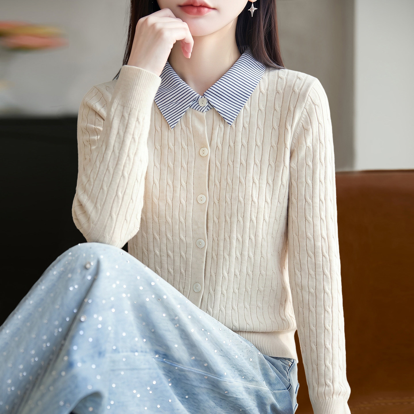 2026新款翻领纯色秋季大码针织开衫外套女洋气中老年女装上衣毛衣