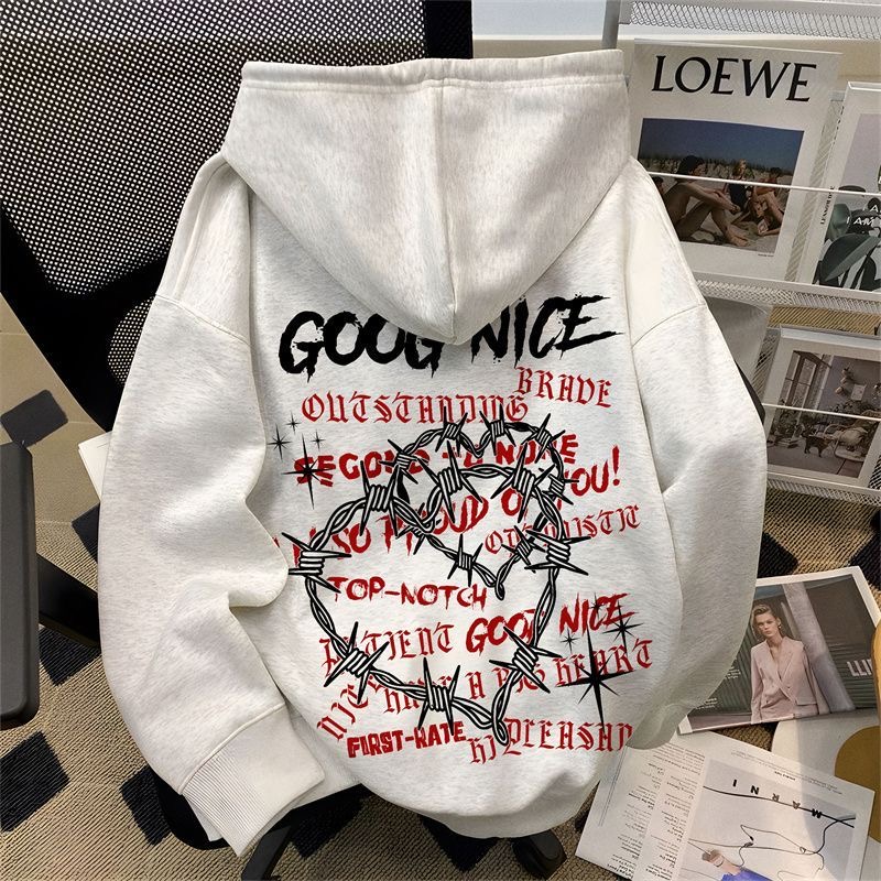 美式复古潮牌爱心印花连帽卫衣男