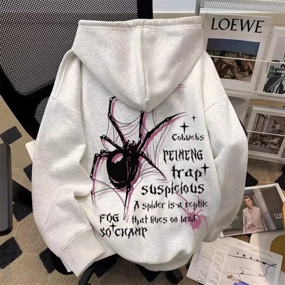 美式复古潮牌潮蜘蛛印花连帽卫男