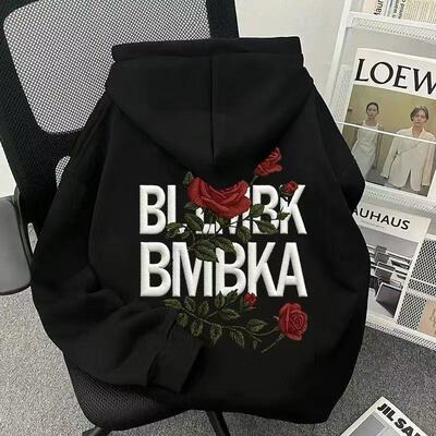 美式玫瑰字母仿刺绣印花连帽卫衣