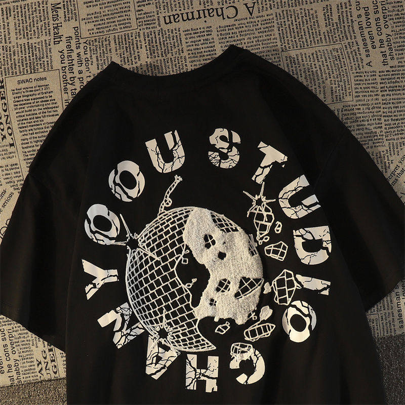 欧美潮牌复古短袖t恤女男宽松ins街头风情侣oversize半袖纯棉上衣