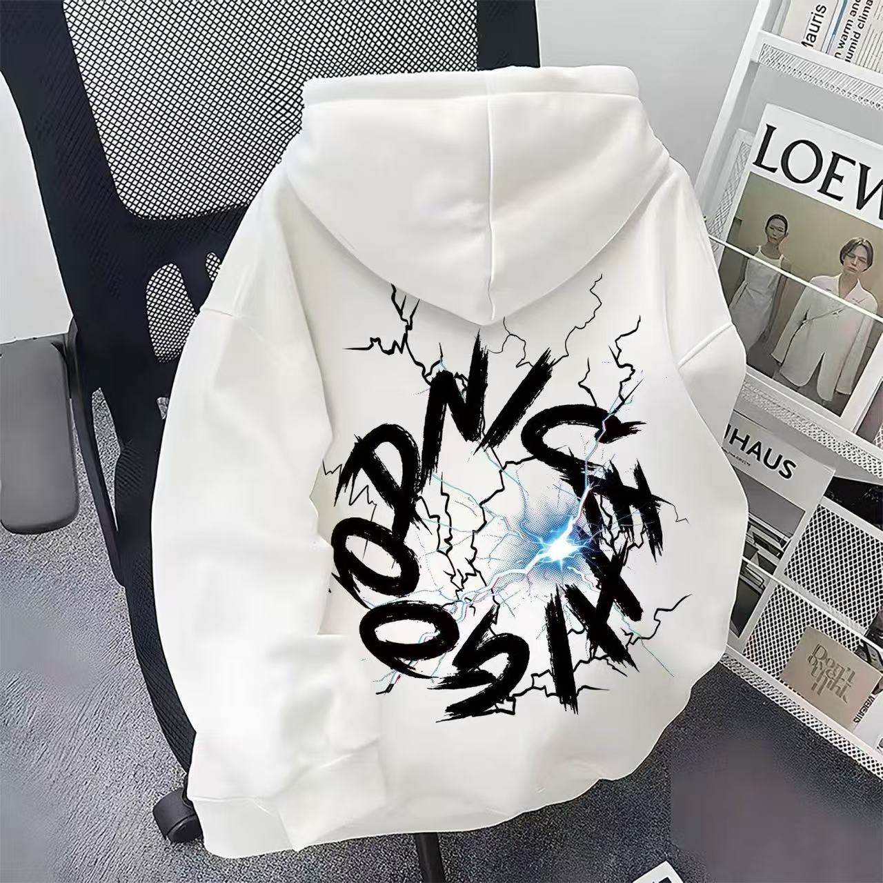 欧美复古街头闪电印花连帽卫衣男