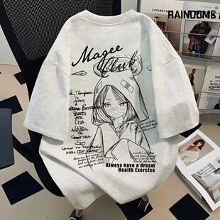 空崎日奈短袖纯棉二次元重磅T恤男女儿童青少年圆领宽松蔚蓝档案