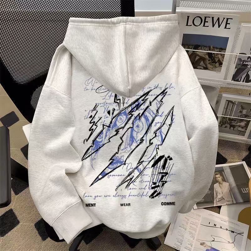 美式重磅潮流抓痕印花连帽卫衣男