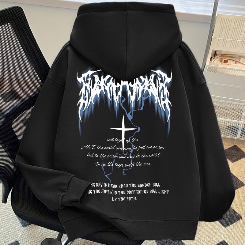 十字架美式高街宽松连帽卫衣