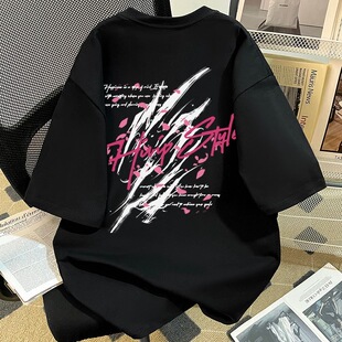 美式潮牌抓痕字母印花短袖t恤男女情侣装夏季国潮痞帅宽松上衣服