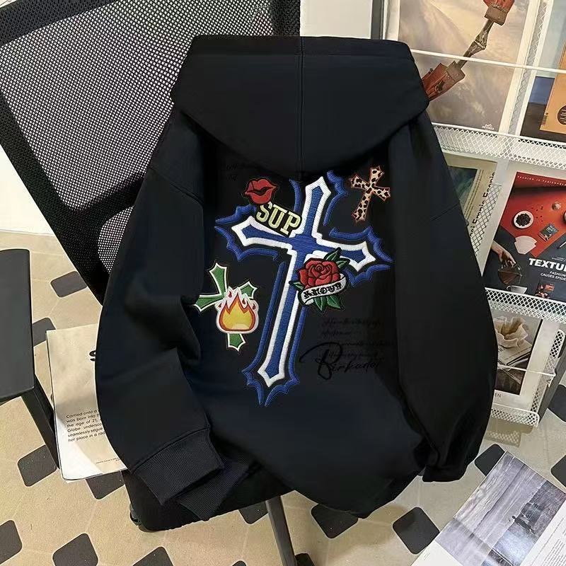 美式复古仿刺绣十字架连帽卫衣男