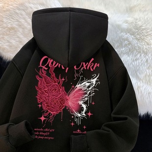 宽松上衣 蝴蝶字母印花韩版 2024秋冬加绒加厚新款 连帽卫衣男个性