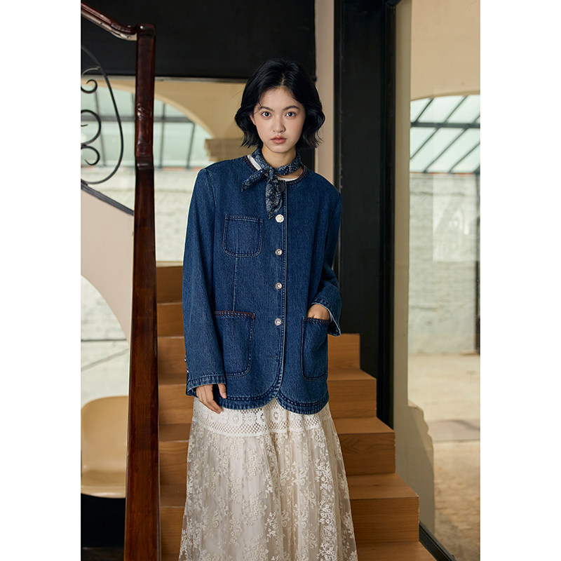 右设/25SS无领缝线包边设计韩系牛仔外套女不含方巾配饰7301K