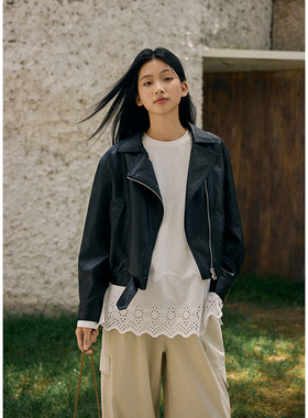 右设/25SS短款机车复古皮衣外套女PU皮黑色机车夹克休闲7085A