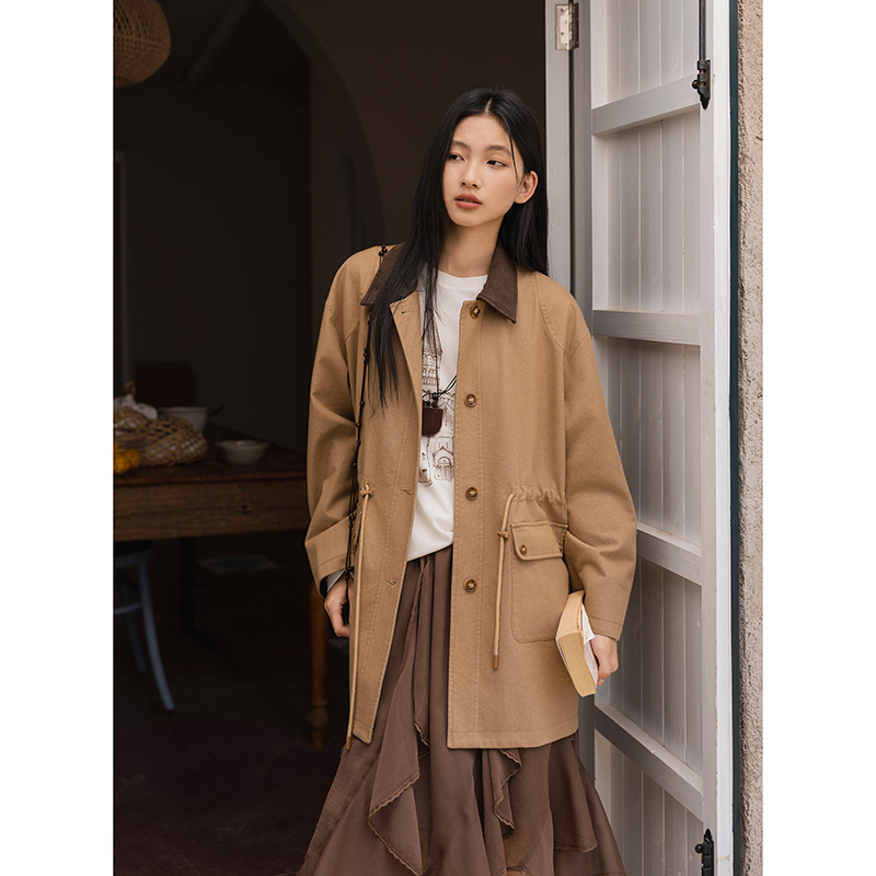 右设/25SS撞色领中长款外套女复古时尚秋季新款简约风衣外套7087A