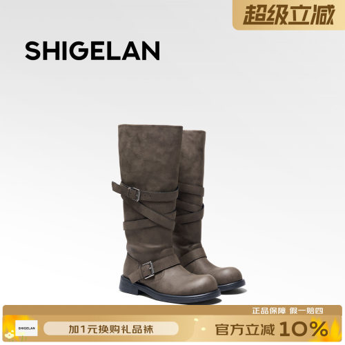 诗歌兰英伦显瘦绑带高筒骑士靴