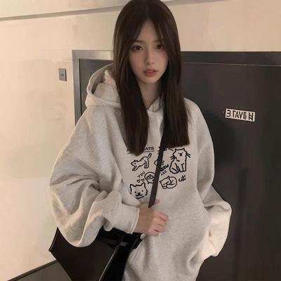 白灰色连帽卫衣女春秋2025新款爆款宽松美式秋冬加绒加厚上衣外套