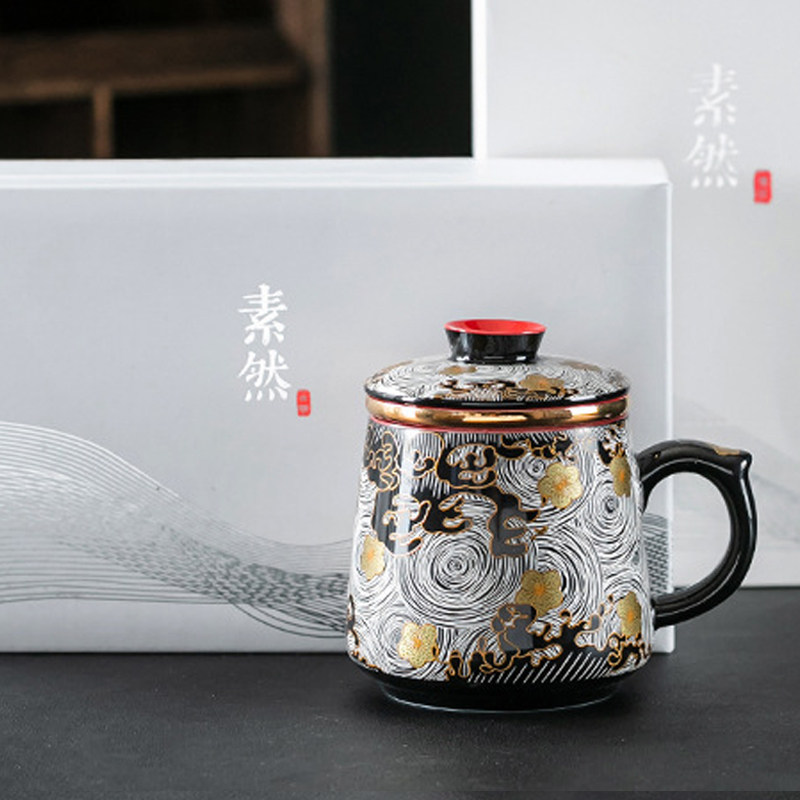 999纯银陶瓷鎏银金银错办公室泡茶杯茶水分离高端个人专用喝茶杯