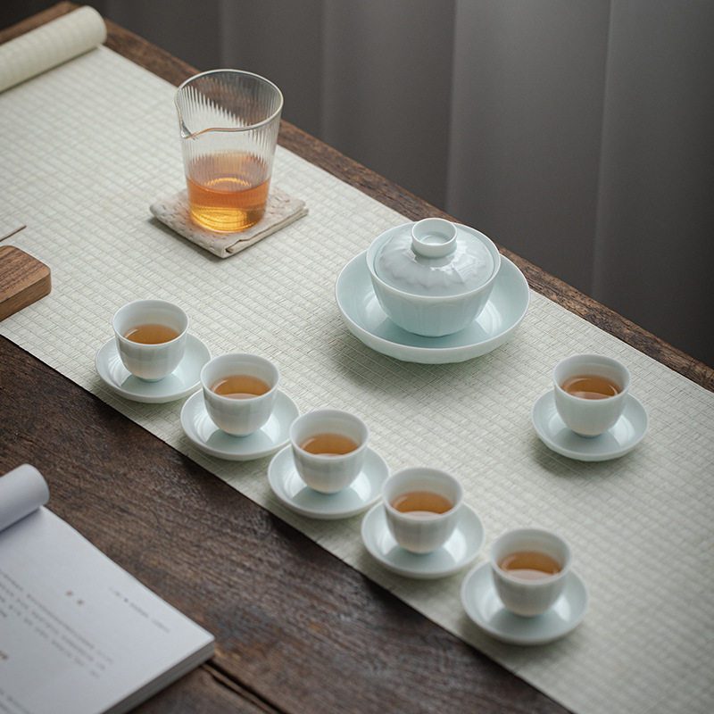 高档影青陶瓷盖碗茶杯办公室喝泡茶专用轻奢功夫茶具套装2026新款