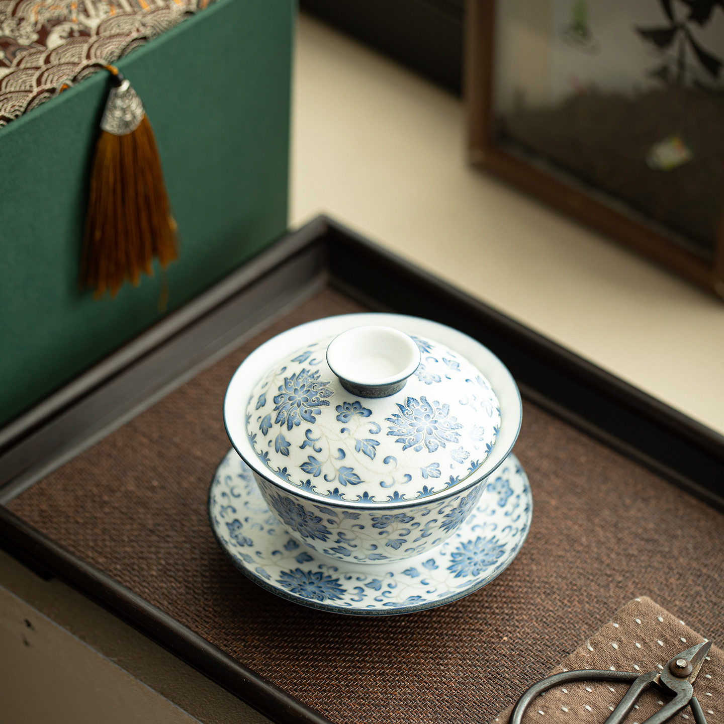 青花缠枝莲描银三才盖碗家用防烫陶瓷泡茶碗功夫茶具泡茶器茶盏