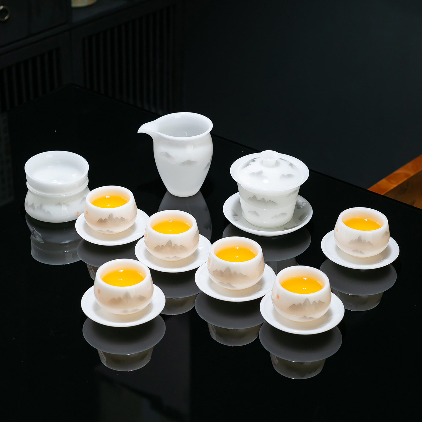 冰种手绘千里江山轻奢高档高端大气功夫茶具盖碗茶杯套装2026新款