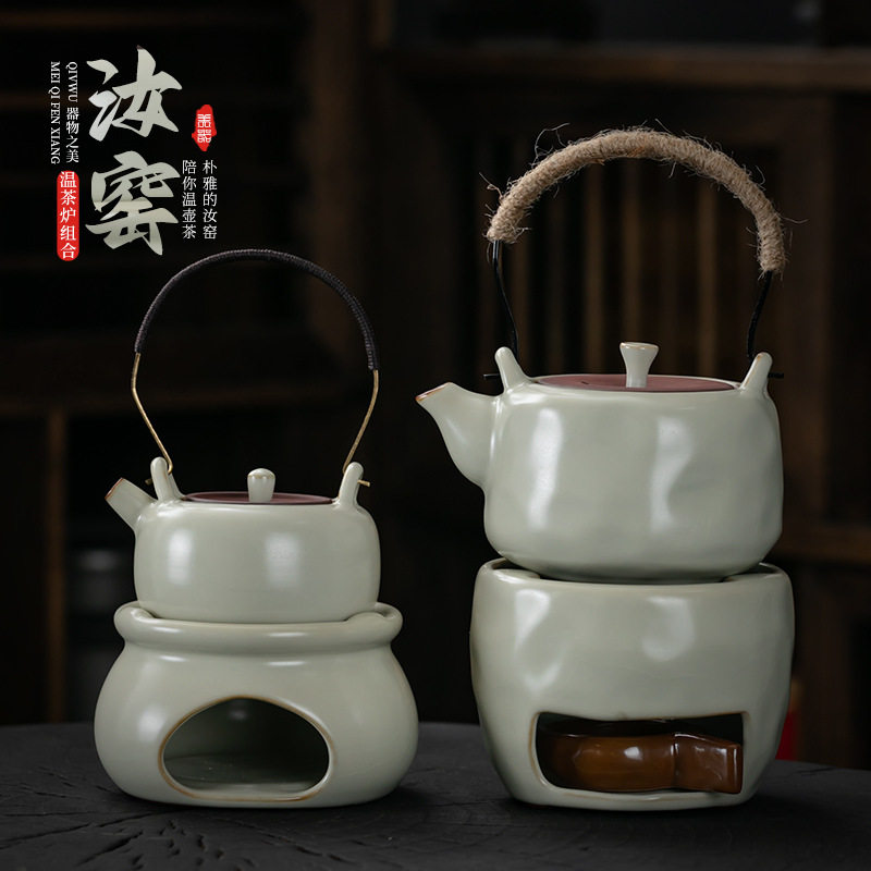 米黄汝窑提梁壶围炉家用单壶温茶炉煮茶套装功夫茶泡茶壶开片可养