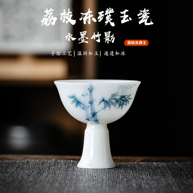 冰种玉瓷手绘高足茶盏主人杯高档陶瓷功夫茶杯个人专用品茗小单杯