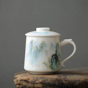 千里江山高端羊脂玉陶瓷茶杯办公室茶水分离白瓷喝泡茶杯个人专用
