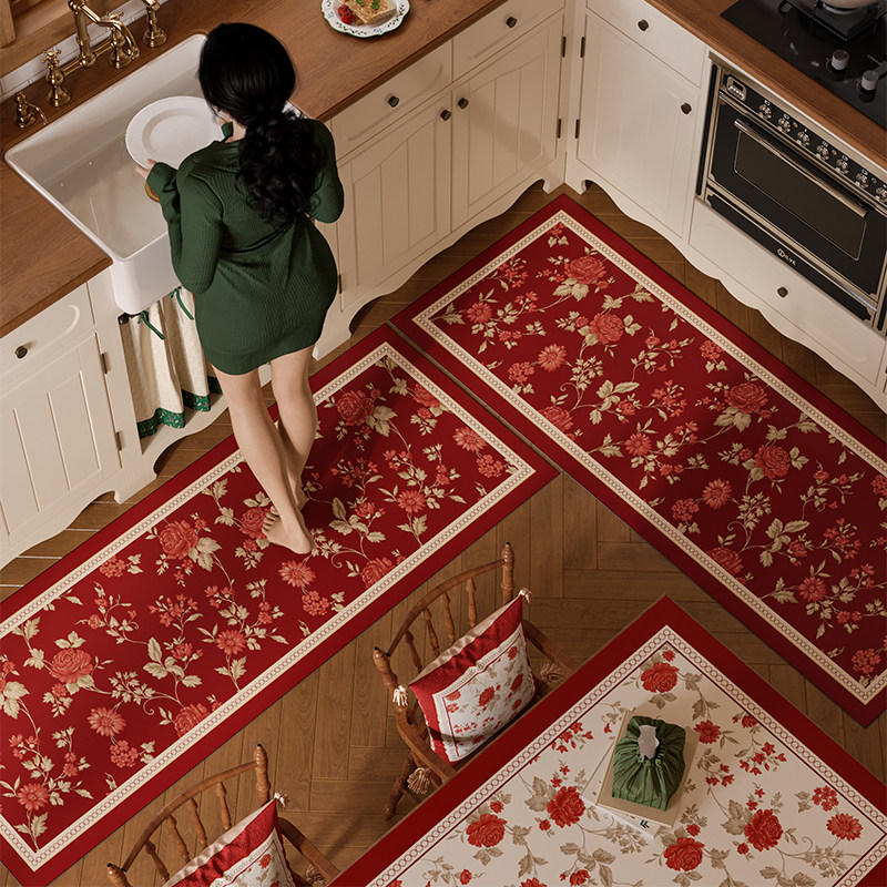 黛拉美式厨房地垫吸水防滑防油可擦免洗硅藻泥红色喜庆高级感地毯