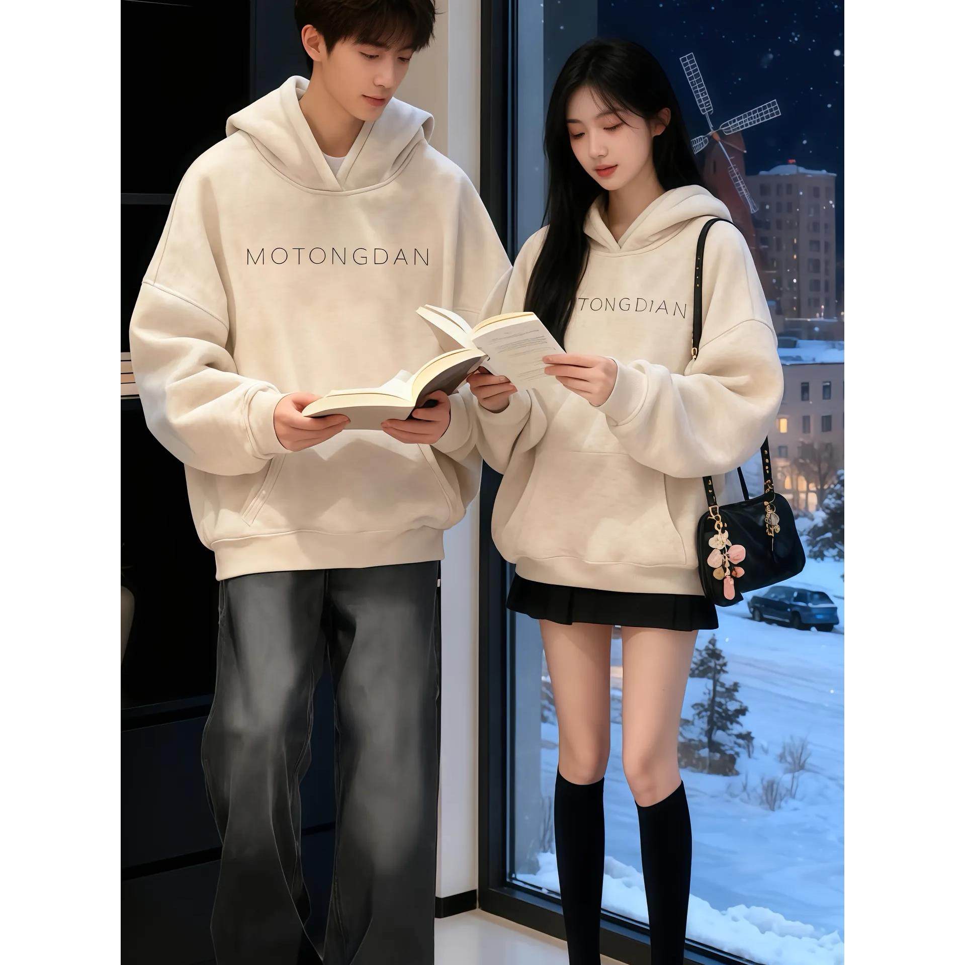 白灰色加绒加厚连帽字母卫衣女秋冬爆款洋气小个子套头情侣上衣潮
