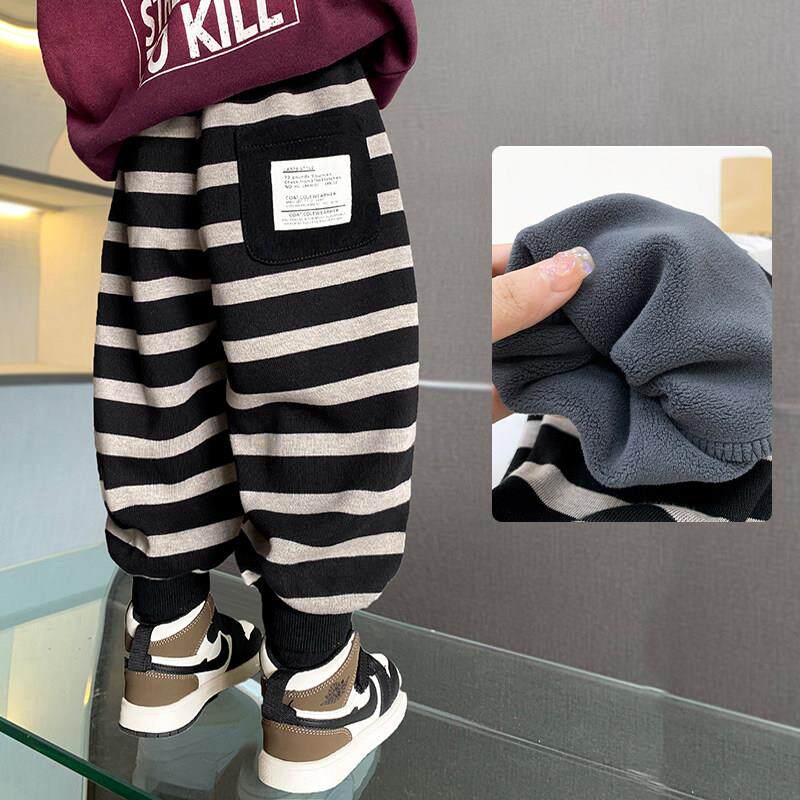 儿童裤子加绒休闲裤2025男童女宝宝幼儿园卫裤纯棉条纹薄绒一体绒