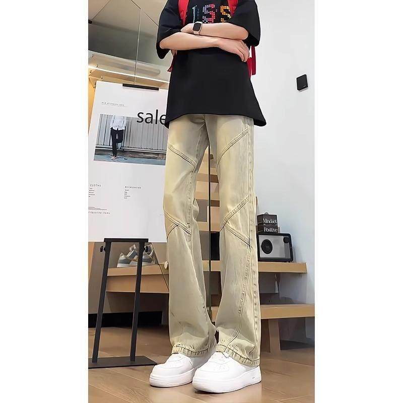 小众拼接牛仔裤男款夏季美式高街直筒显瘦裤子提档vibe弯刀微喇裤