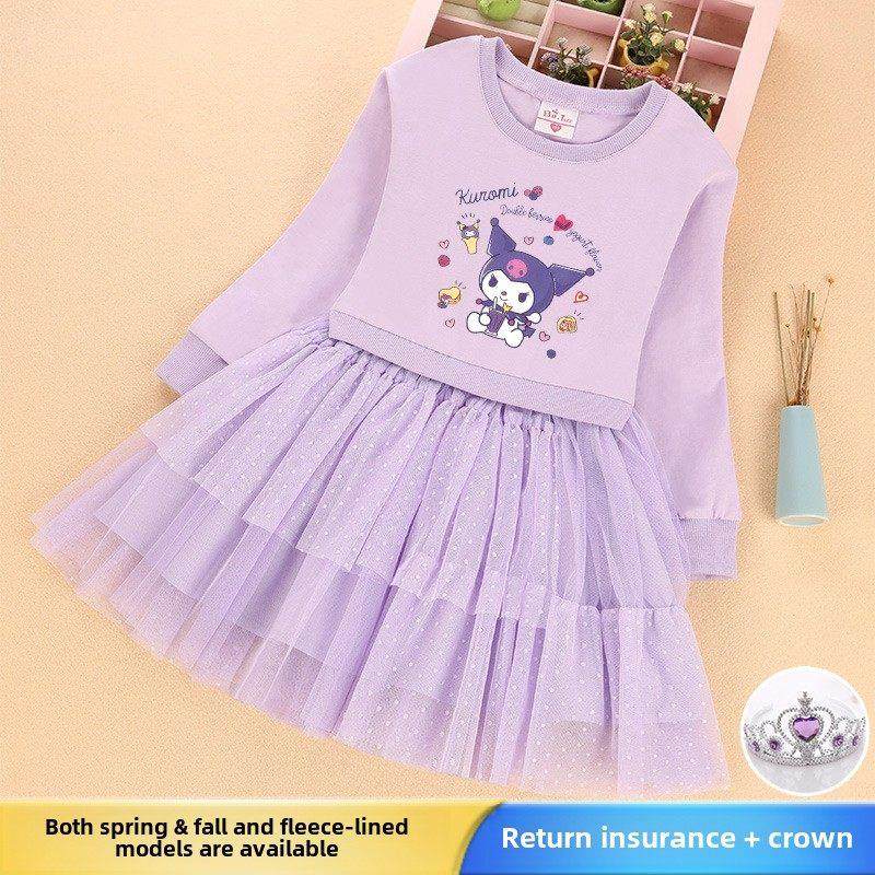 库洛米女童加绒连衣裙秋冬儿童长袖卫衣裙假两件加厚女孩网纱裙子