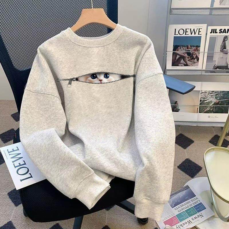 猫咪圆领卫衣女款2025秋冬季新款加绒加厚白灰色外套洋气减龄上衣