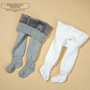 秋冬款女童打底裤加绒加厚小童连裤袜纯色保暖条无骨纹宝宝连体袜