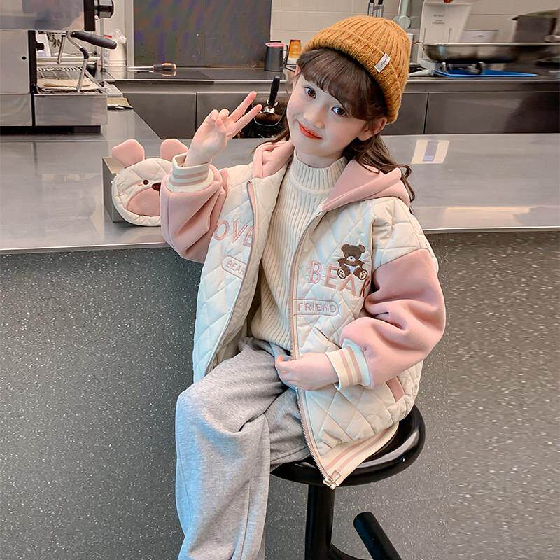 女童外套夹棉儿童装2025新款洋气女孩秋冬季时髦大童加厚连帽上衣