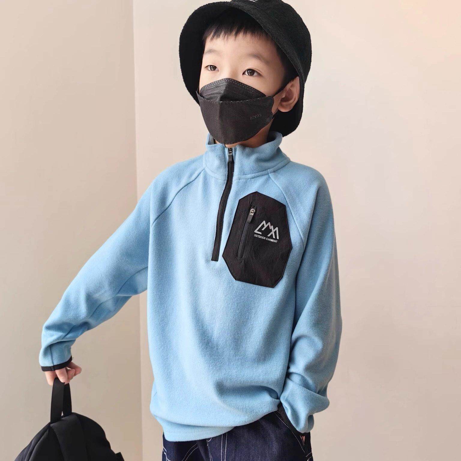 25秋冬儿童保暖绒立领打底衫男童半高领轻量户外卫衣百搭外套潮牌