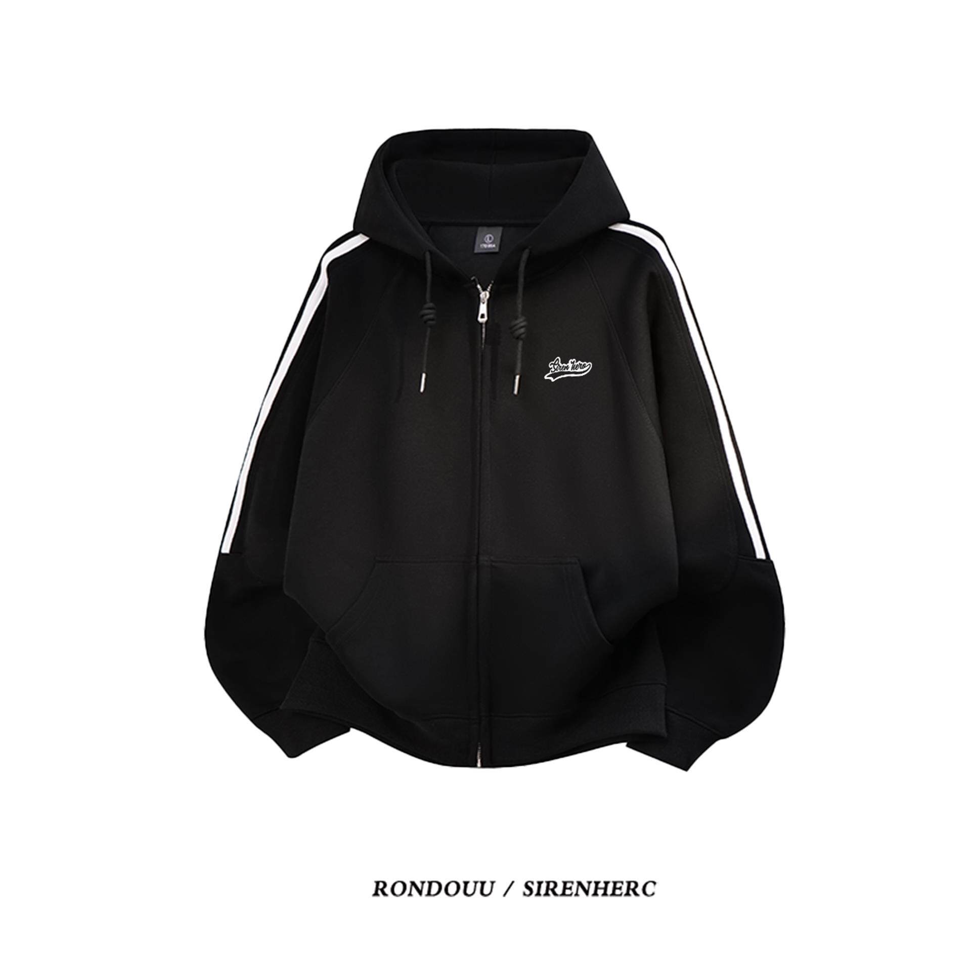 美式覆古三条纹连帽卫衣男女春秋宽松慵懒风潮牌情侣运动开衫外套