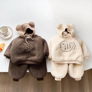 婴儿冬装套装男童加绒加厚羊羔毛绒卫衣裤子洋派女宝宝保暖两件套