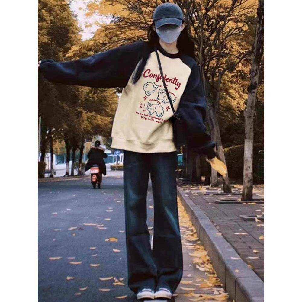 巨好看的撞色圆领卫衣女早秋2025新款爆款初中生冬季加绒无帽上衣