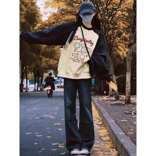 巨好看的撞色圆领卫衣女早秋2025新款爆款初中生冬季加绒无帽上衣