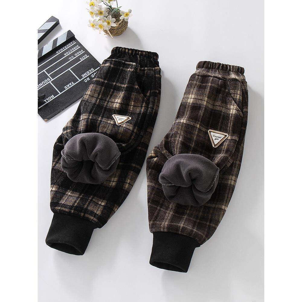 女童加绒裤子秋冬款男童休闲加厚毛呢裤儿童冬季一体绒薄绒格子裤