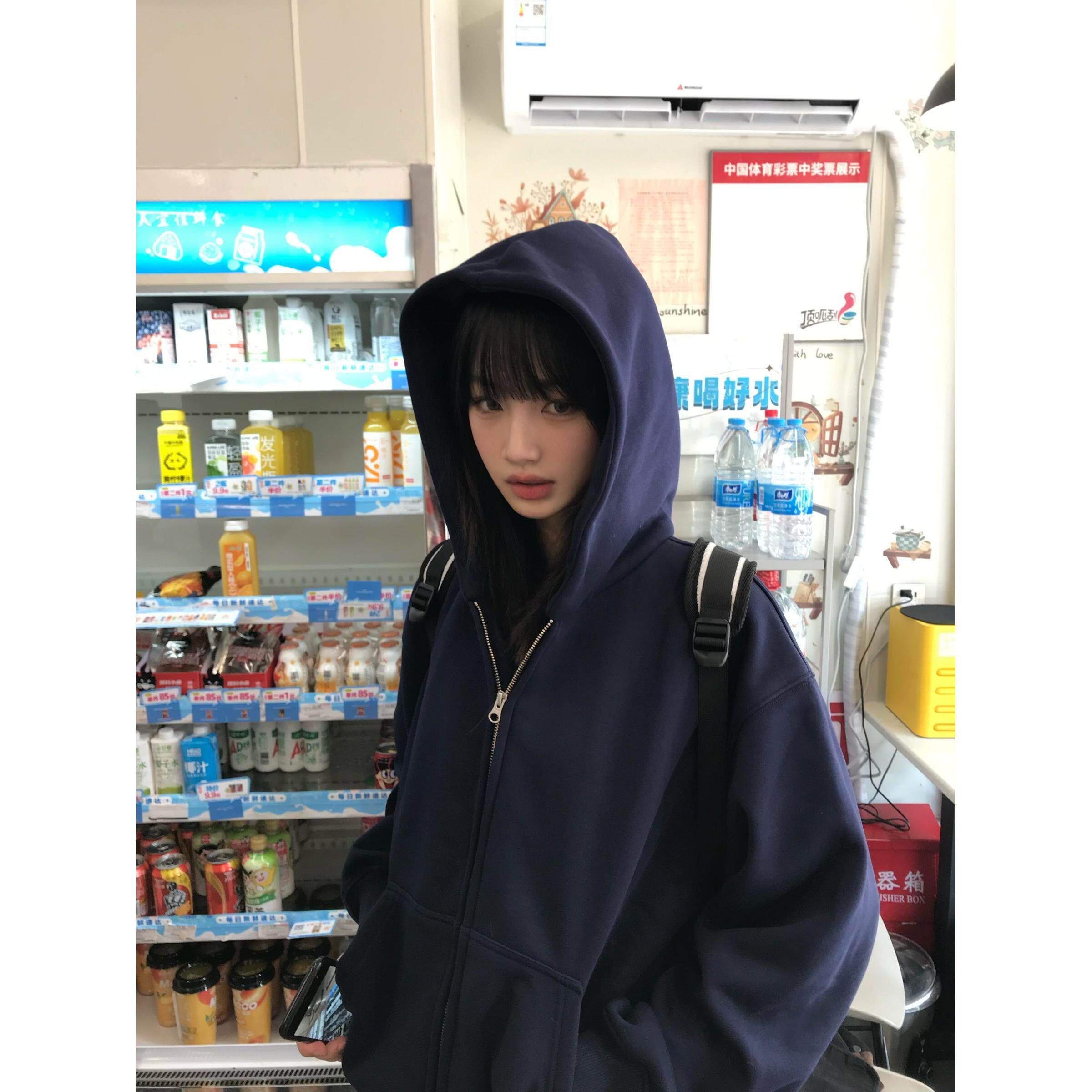 美式藏青色开衫卫衣外套女春秋2025新款爆款休闲宽松显瘦连帽上衣