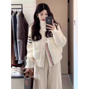 TB针织拼接轻薄棉服女短款2024秋冬新款休闲学院风加厚棉衣外套潮