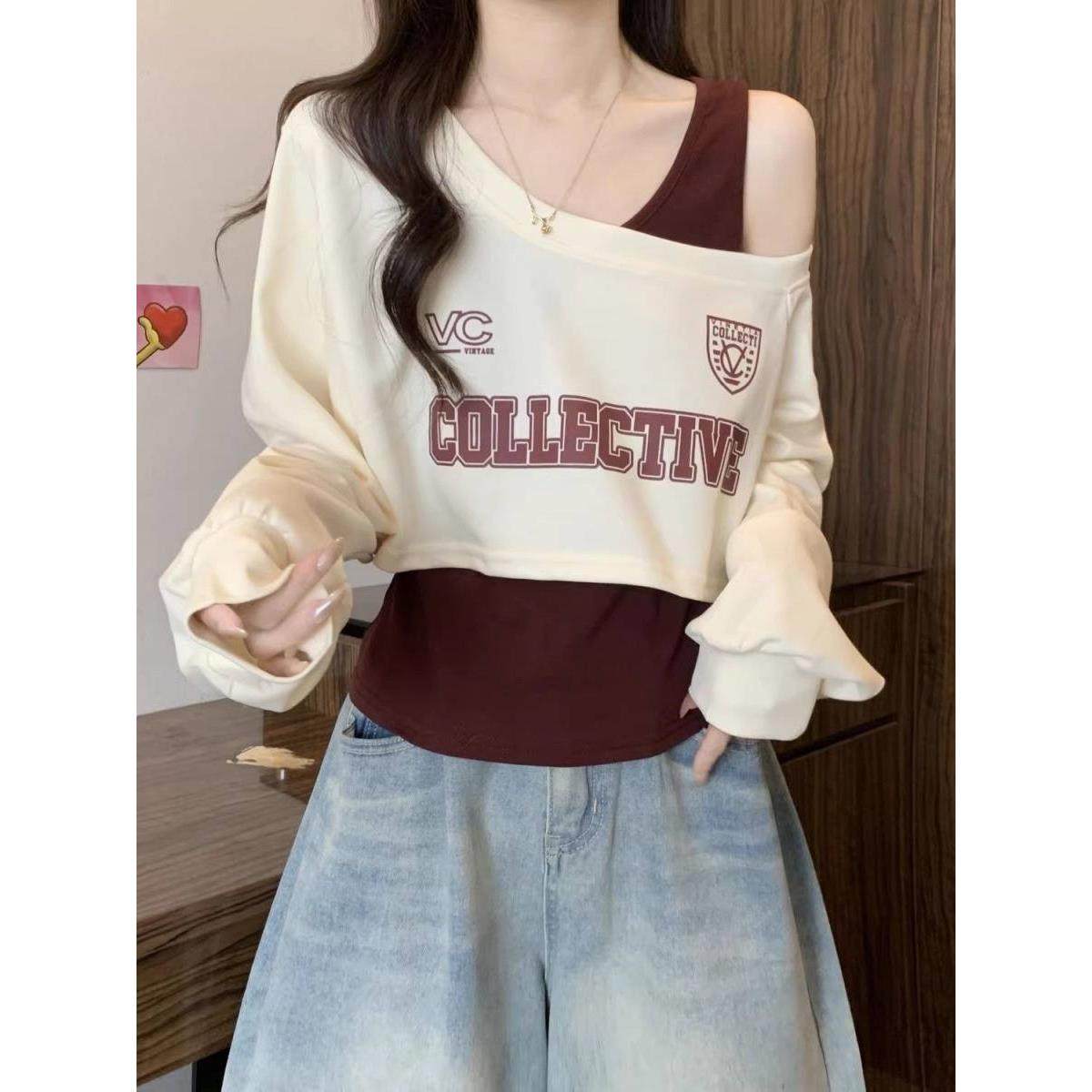 新品短款斜肩长袖T恤女套装2025秋季穿搭卫衣吊带露肩独特小上衣,女装/女士精品,卫衣/绒衫,淘宝优惠券,粉丝福利购,淘宝优惠卷